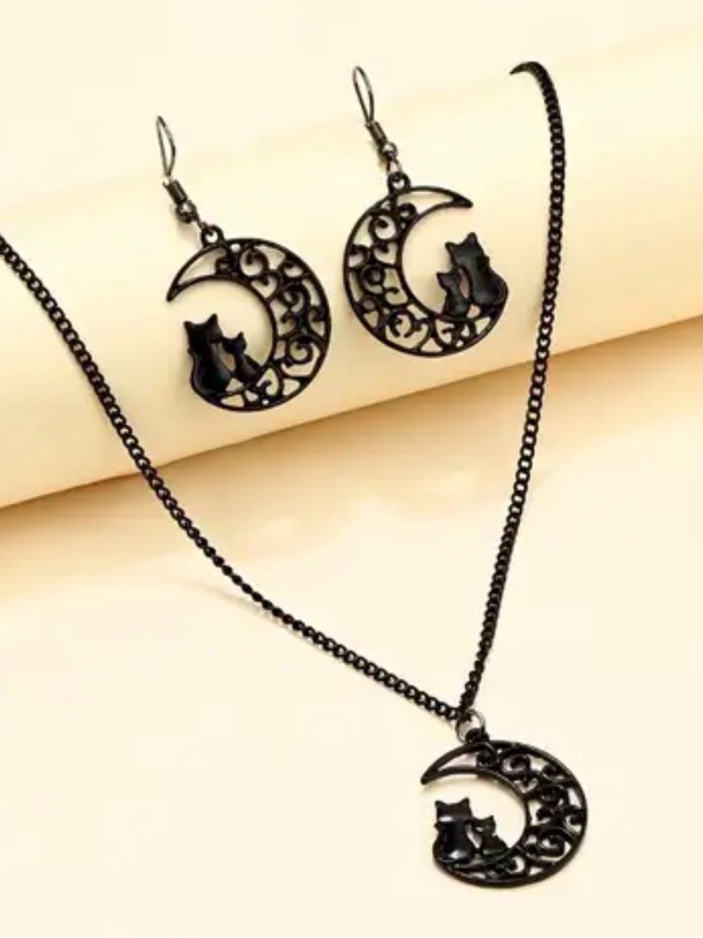 Black Cat Moon Pendant Necklace and Earring Set - Black